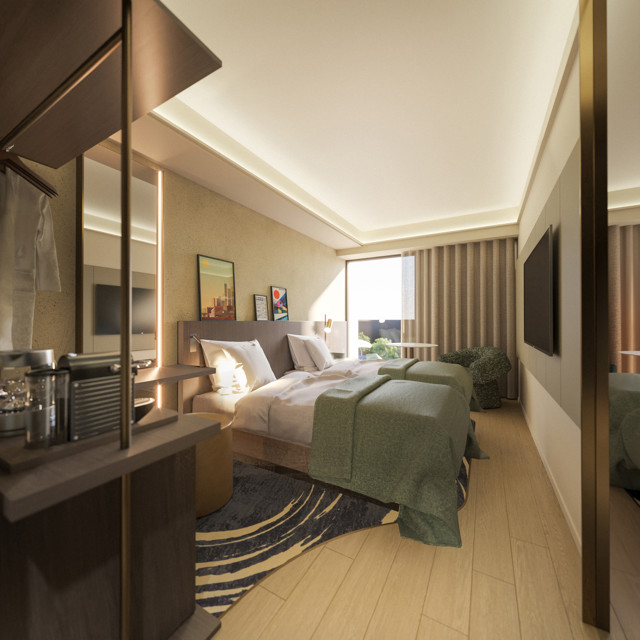 A modern luxury hotel room with a king-size bed covered in green blankets, a flat-screen TV, a coffee station, wall art, and a large window with curtains. The room has wooden floors and contemporary furniture.